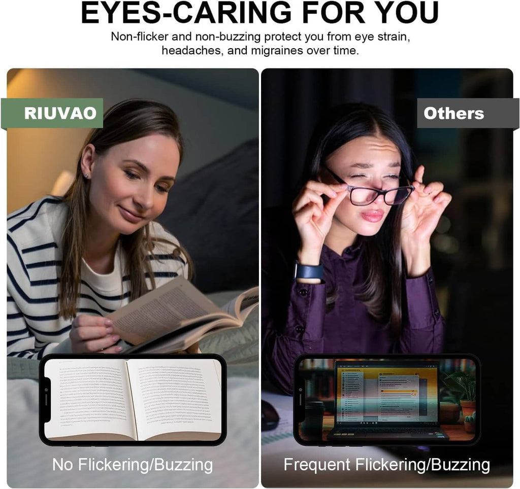 LED bulb marketed for eye comfort: non-flicker, non-buzzing, E26 base.