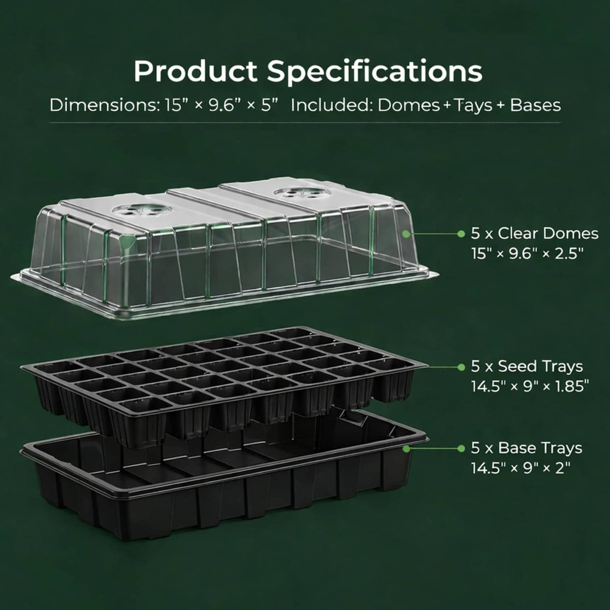 5 black seed trays with clear vented domes and base trays in a kit
