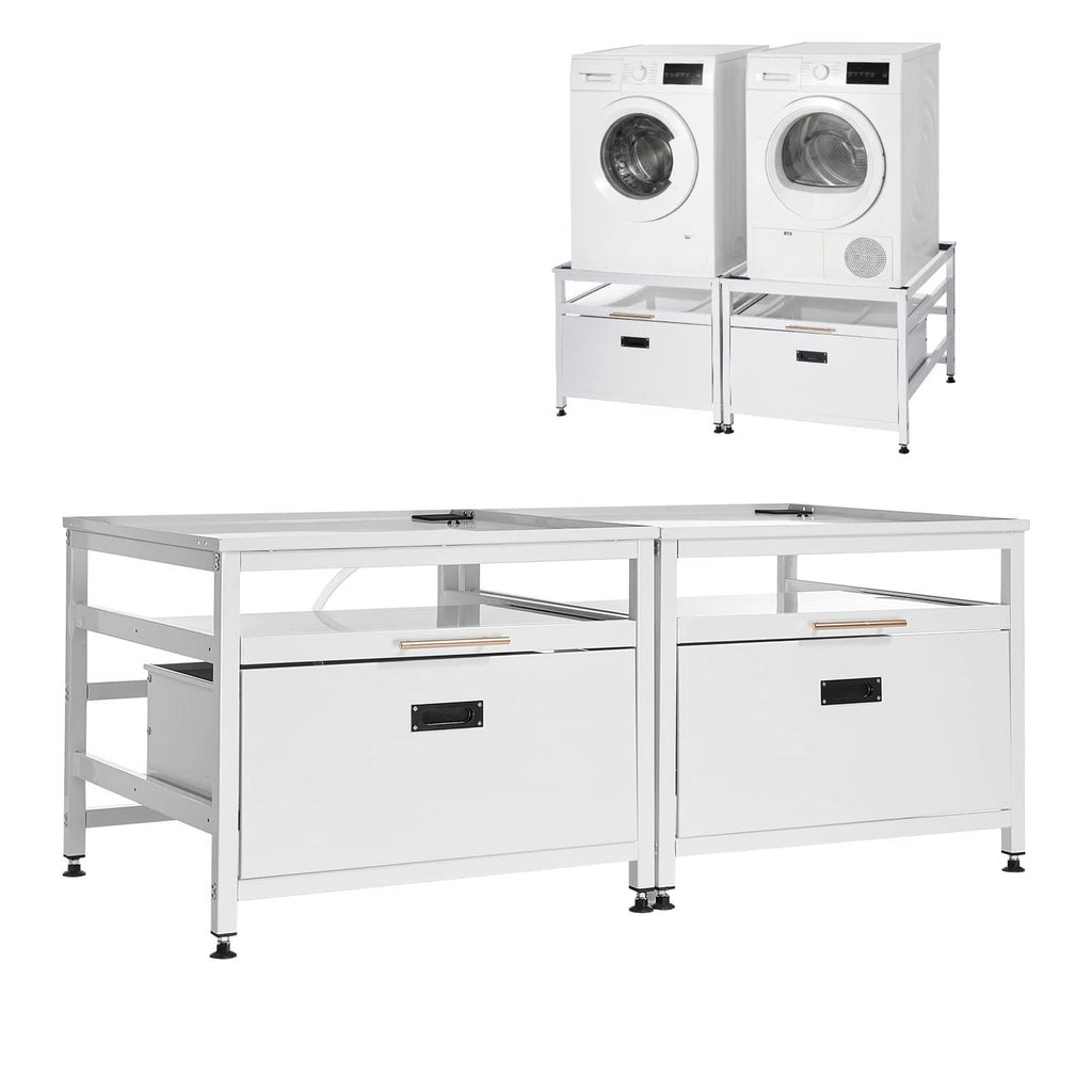 Laundry pedestal base with storage drawers and metal top tray for washer and dryer stacks