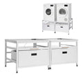 Laundry pedestal base with storage drawers and metal top tray for washer and dryer stacks