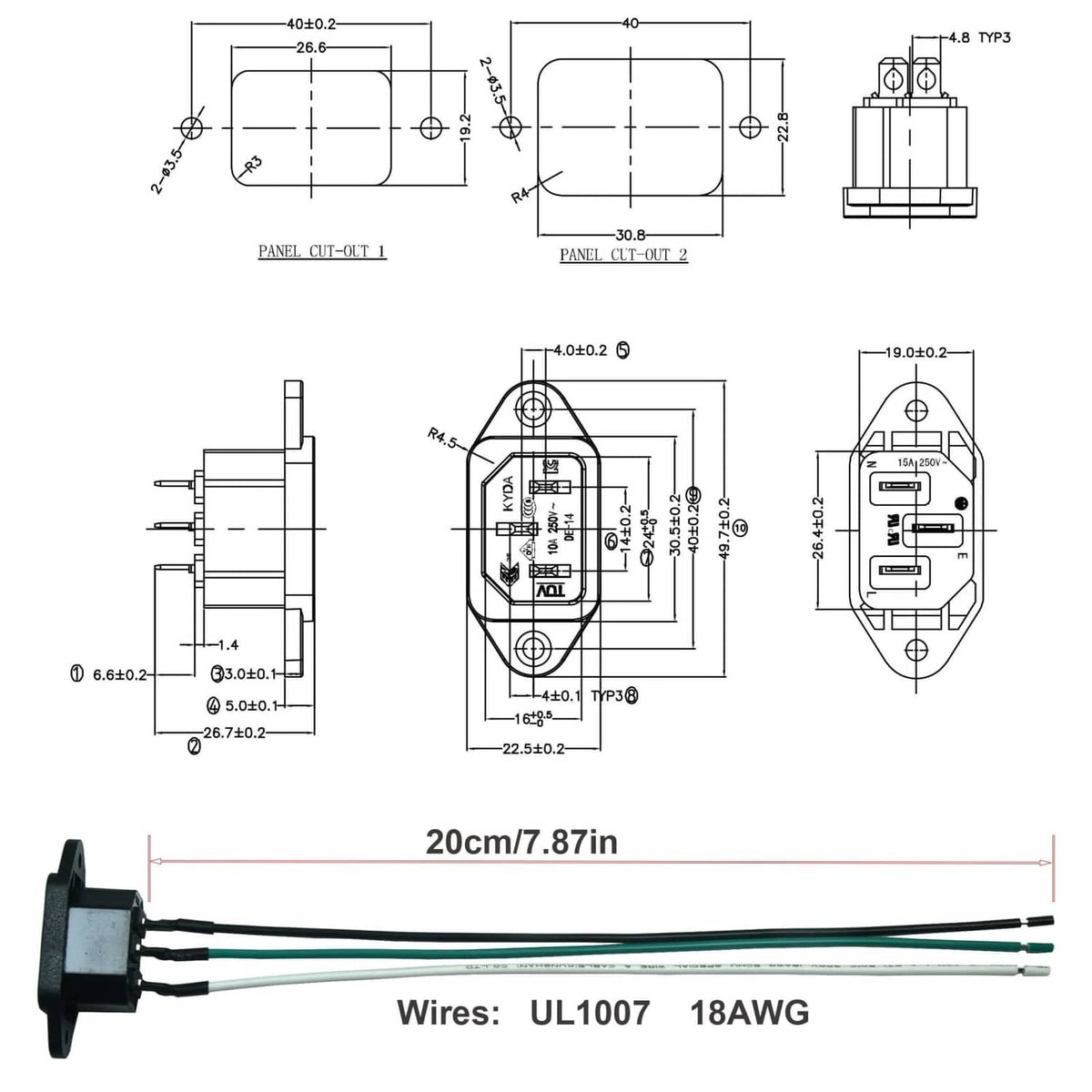 IEC 320 C14 panel mount inlet socket wiring diagram, 20 cm leads and pinout