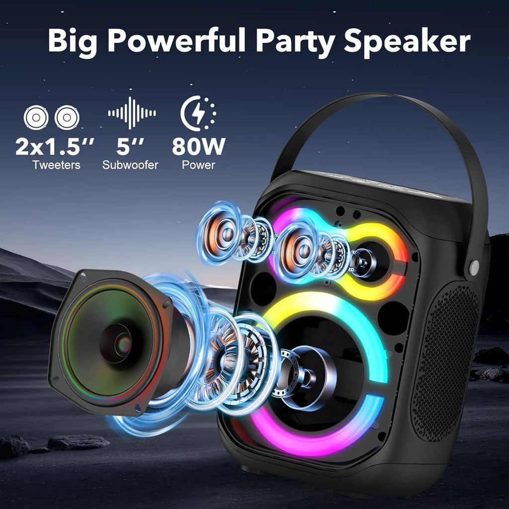 Portable Bluetooth party speaker with front woofer and colorful RGB LED lights