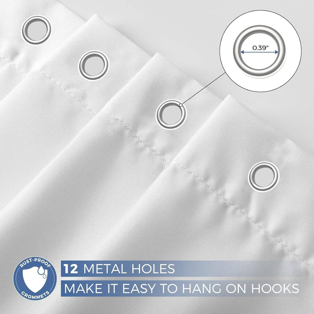White fabric shower curtain liner with evenly spaced metal grommets for hooks