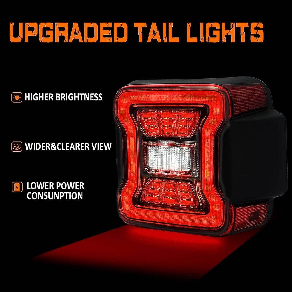 Single LED tail light with red outer lens, clear center, and black corner covers