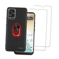 Black smartphone case with red ring kickstand and camera cutouts, with screen protector