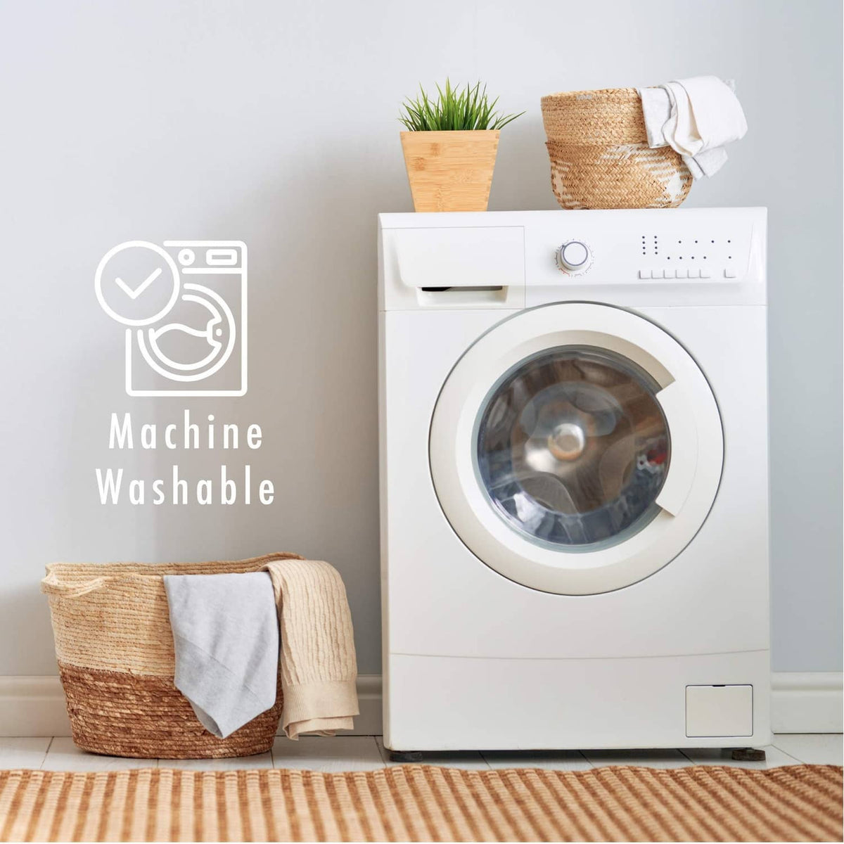 White ruffled eyelet bed skirt with machine-washable care icon on packaging