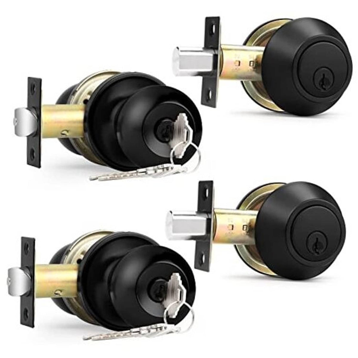 Black keyed entry door lockset with deadbolt and two knob locks, two-pack