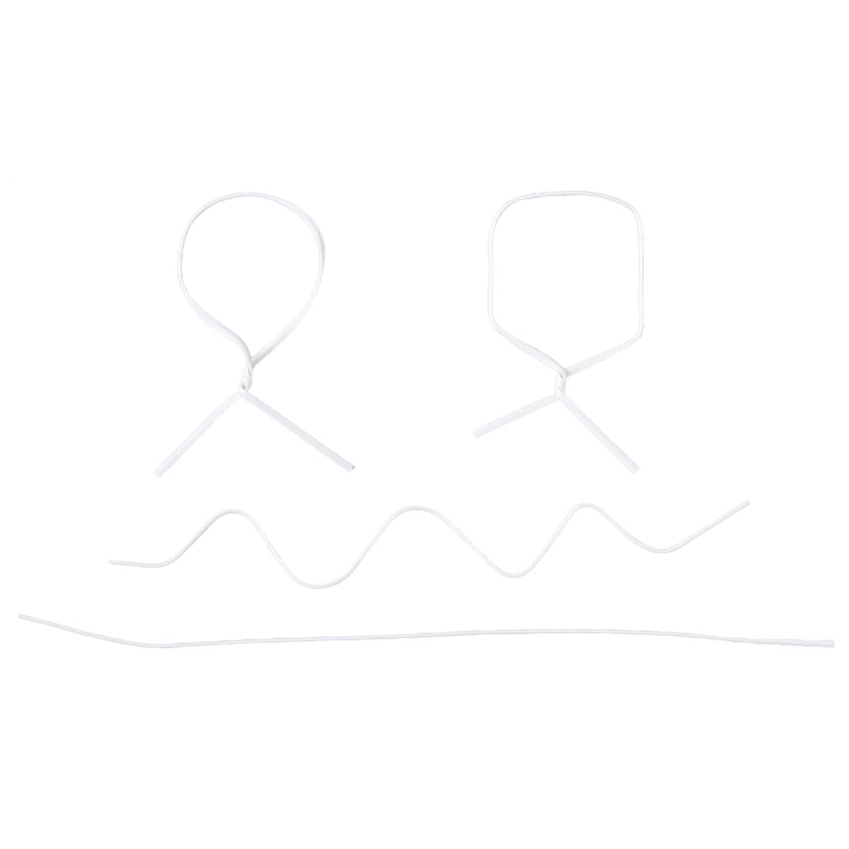 White plastic twist tie pair with looped ends and straight ribbon strands