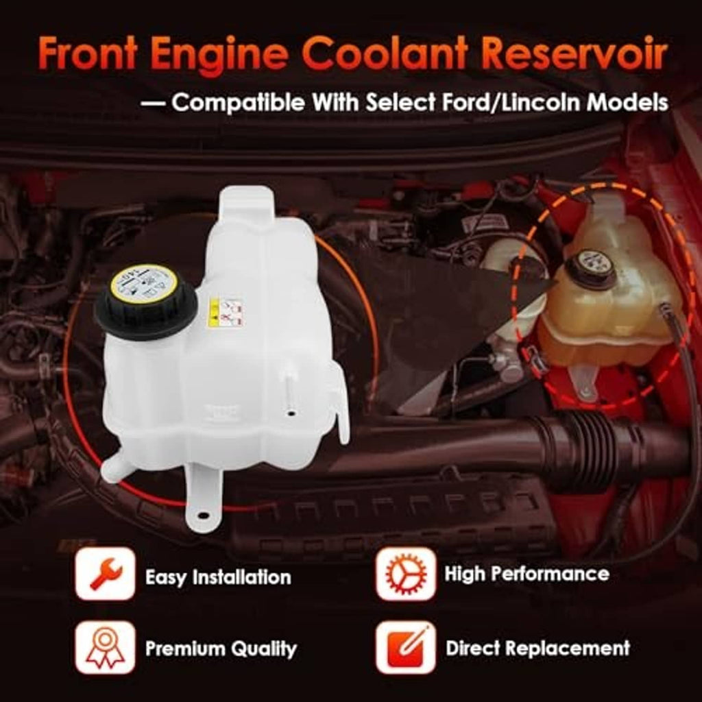 Front engine coolant reservoir tank, white plastic, with black cap and mounting bracket