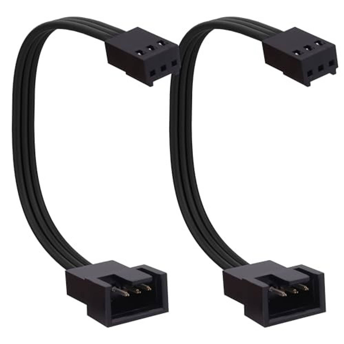 Black fan adapter cable with 3-pin and 4-pin connectors at each end