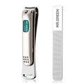Nail clipper with curved blades and glass nail file, silver finish