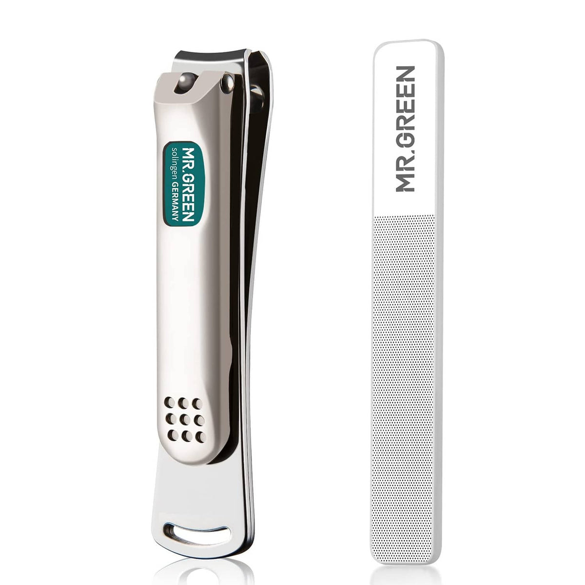 Nail clipper with curved blades and glass nail file, silver finish