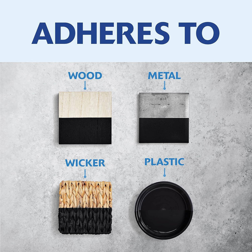 Adhesion chart showing wood, metal, wicker, and plastic surface samples with paint.