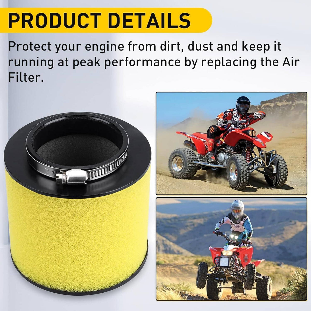 Yellow foam ATV air filter with black housing shown on a product details panel