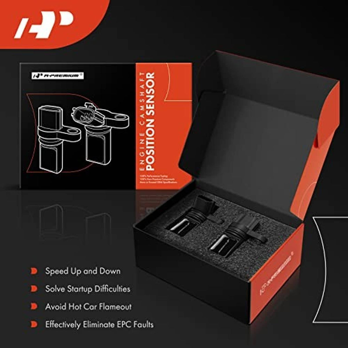 Camshaft position sensor set in open box with two black sensors and connectors