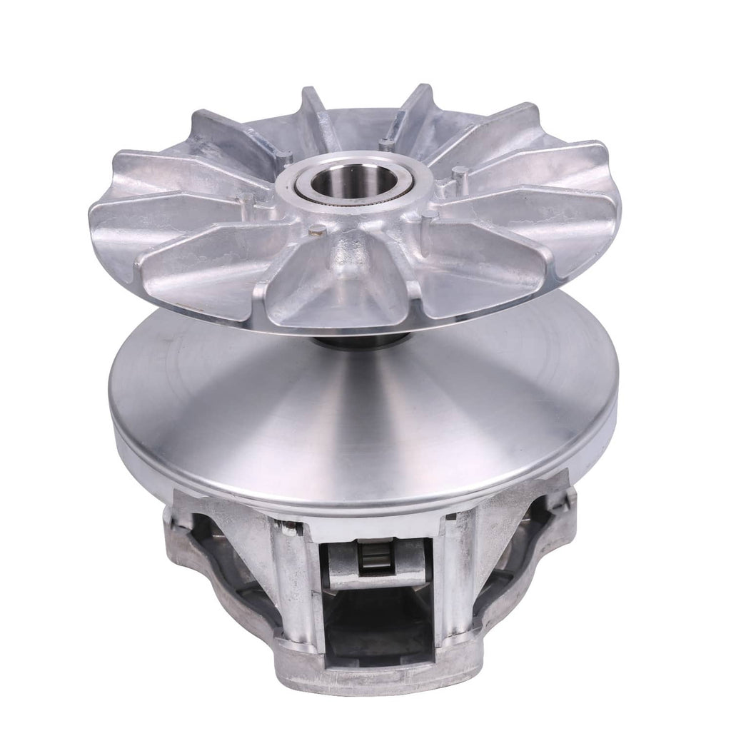 Silver primary drive clutch assembly with center bore, finned plate, and outer housing