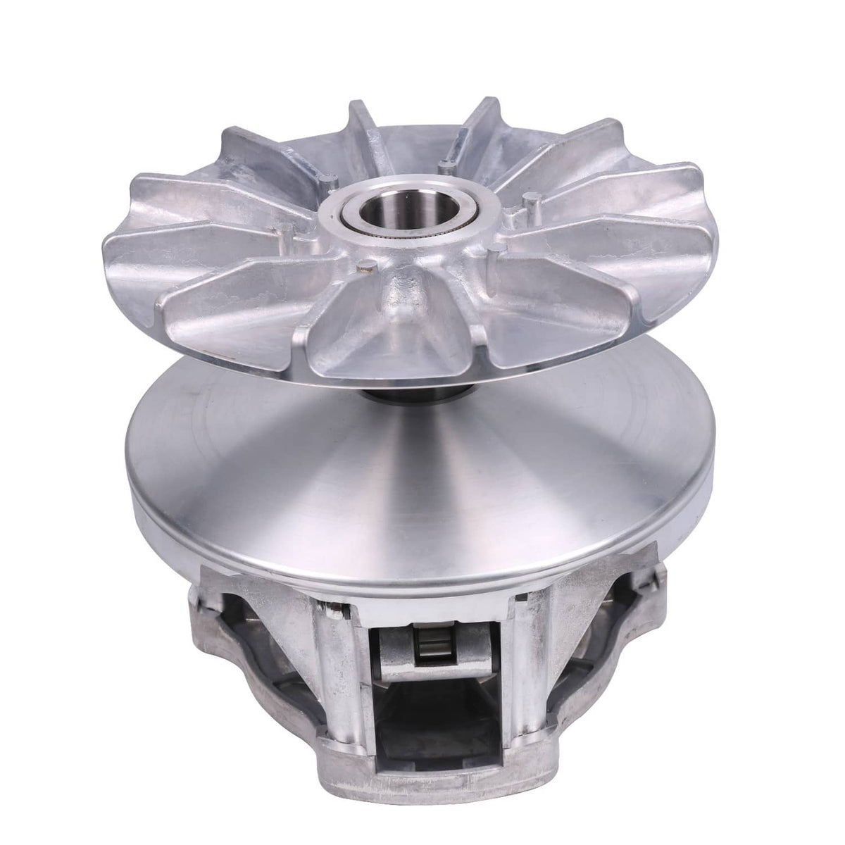 Silver primary drive clutch assembly with center bore, finned plate, and outer housing
