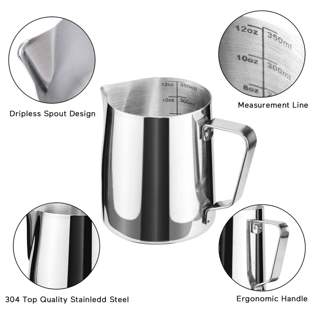 Stainless steel milk frothing pitcher with ergonomic handle, measurement line, and drip spout