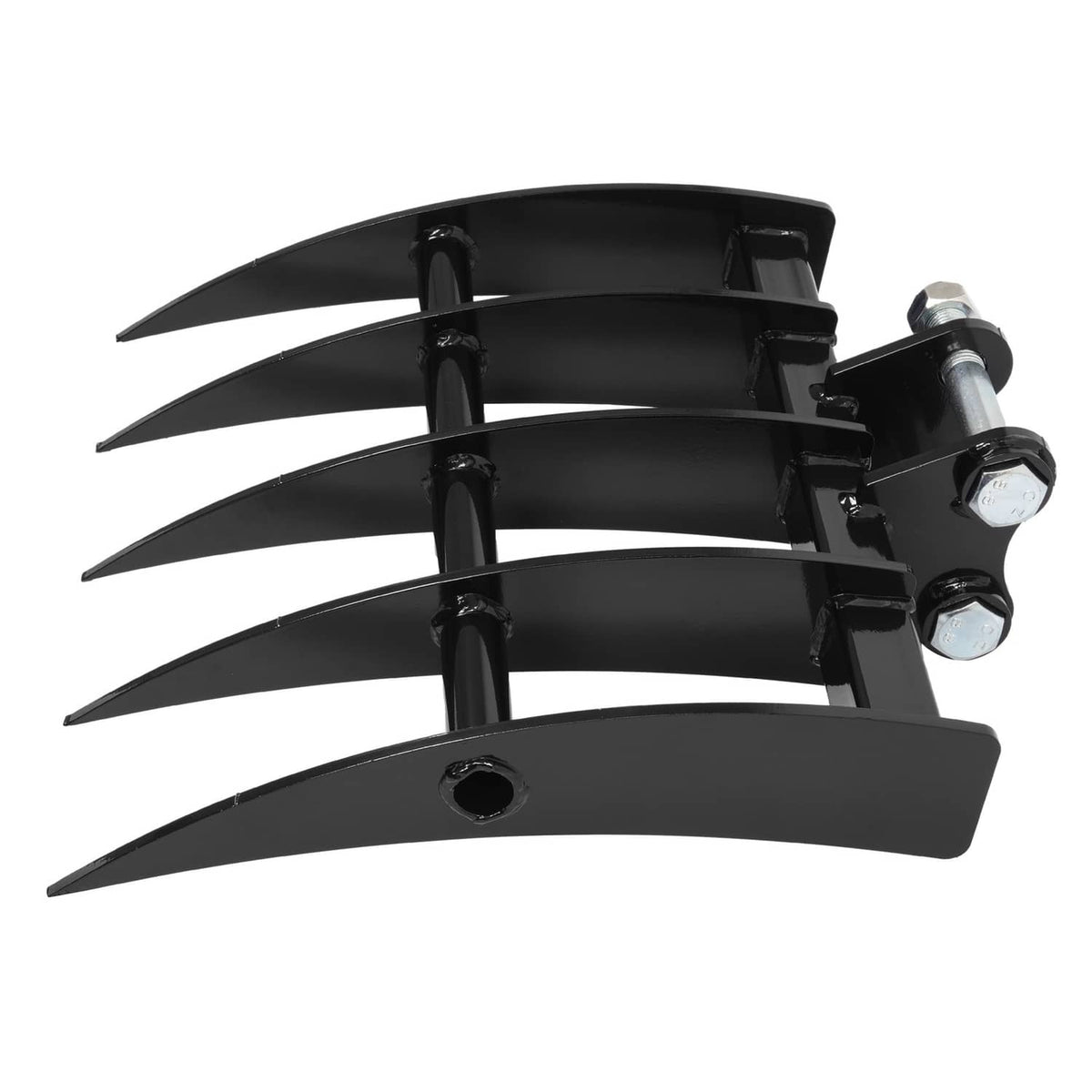 Mini excavator attachment rake, stacked black curved guards with row of sharp tines