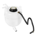White engine coolant expansion overflow tank with black cap and attached hose