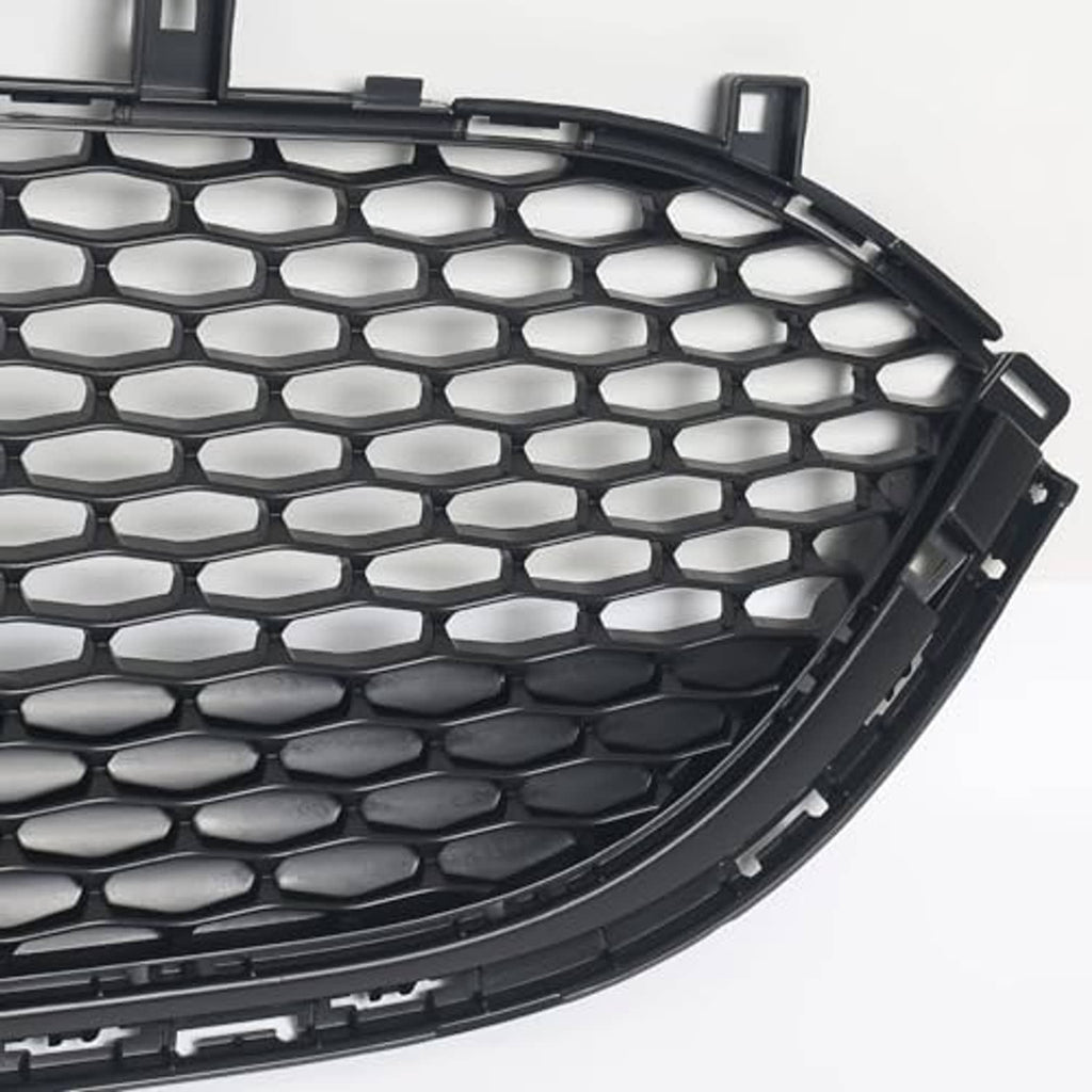 Corner view of front lower bumper grille with black honeycomb mesh and tabs.