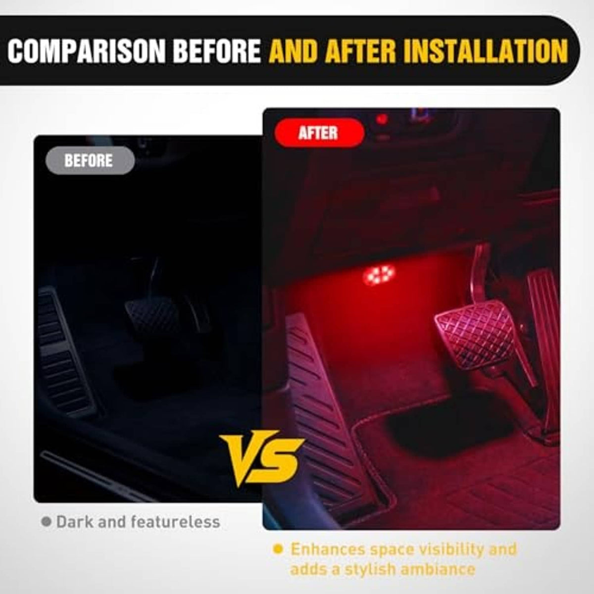 Oval RGB LED interior lights illuminating a car footwell with red light