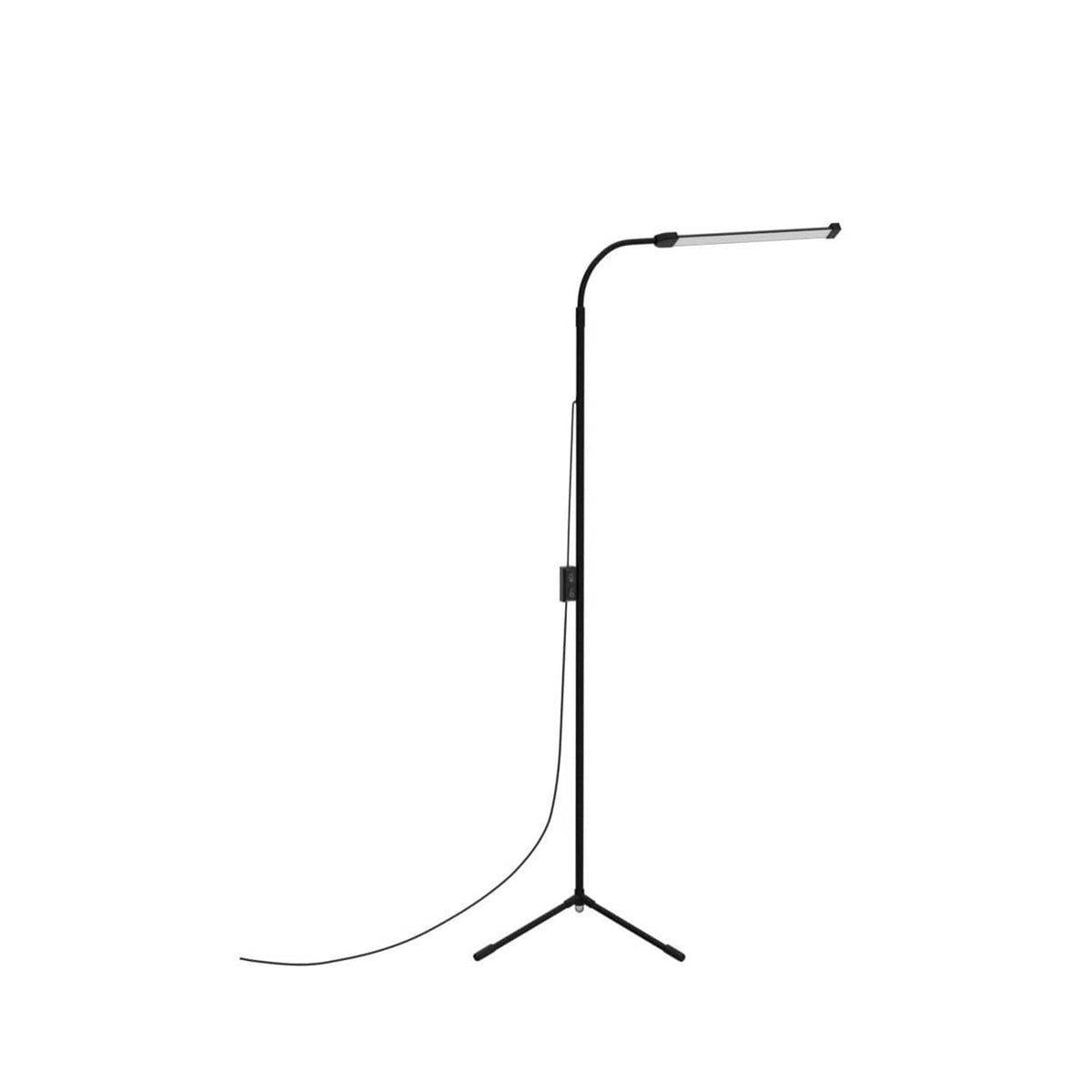 Black LED floor lamp with light bar head, flexible gooseneck, and three-leg tripod base