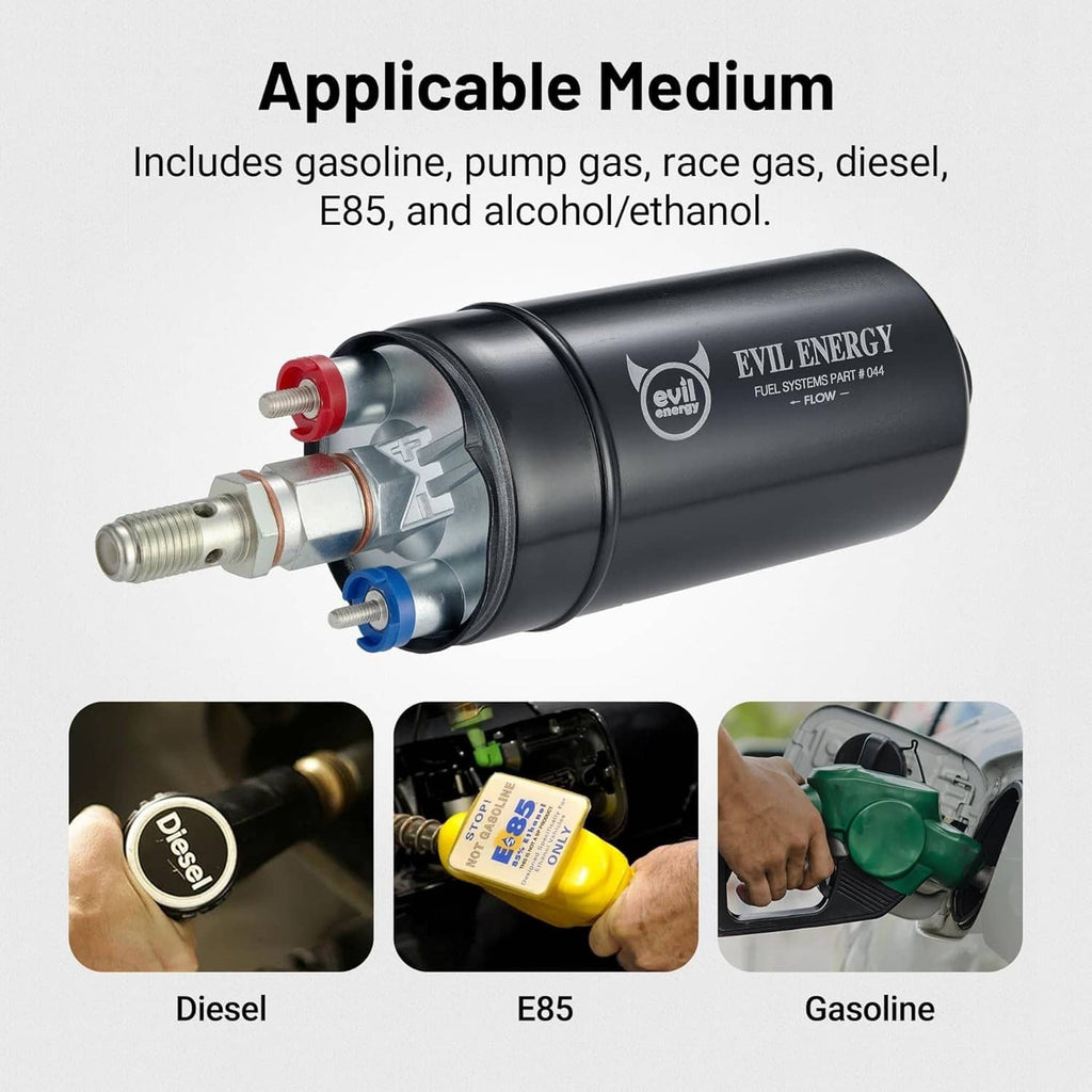 Evil Energy inline electric fuel pump with red and blue inlet connections