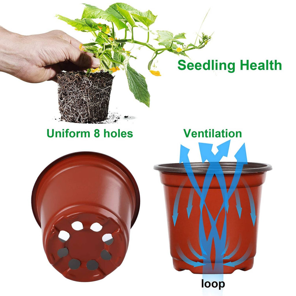 Red plastic nursery pot base with multiple drainage holes for ventilation