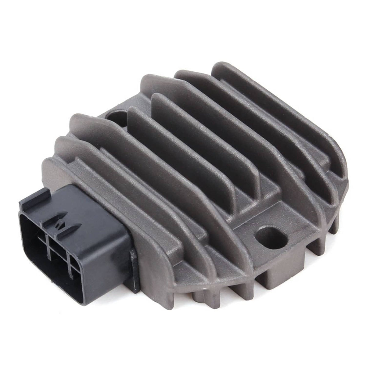 Voltage regulator rectifier unit with black electrical connector and cooling fins