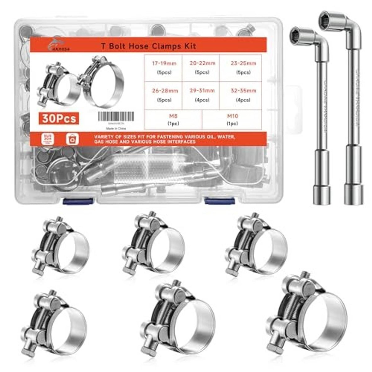 T-bolt hose clamp kit with multiple 304 stainless steel clamps and threaded screws