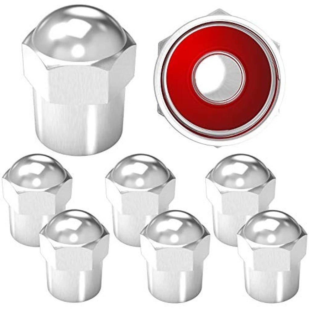 Metal tire valve stem caps set: one red seal cap and six chrome caps