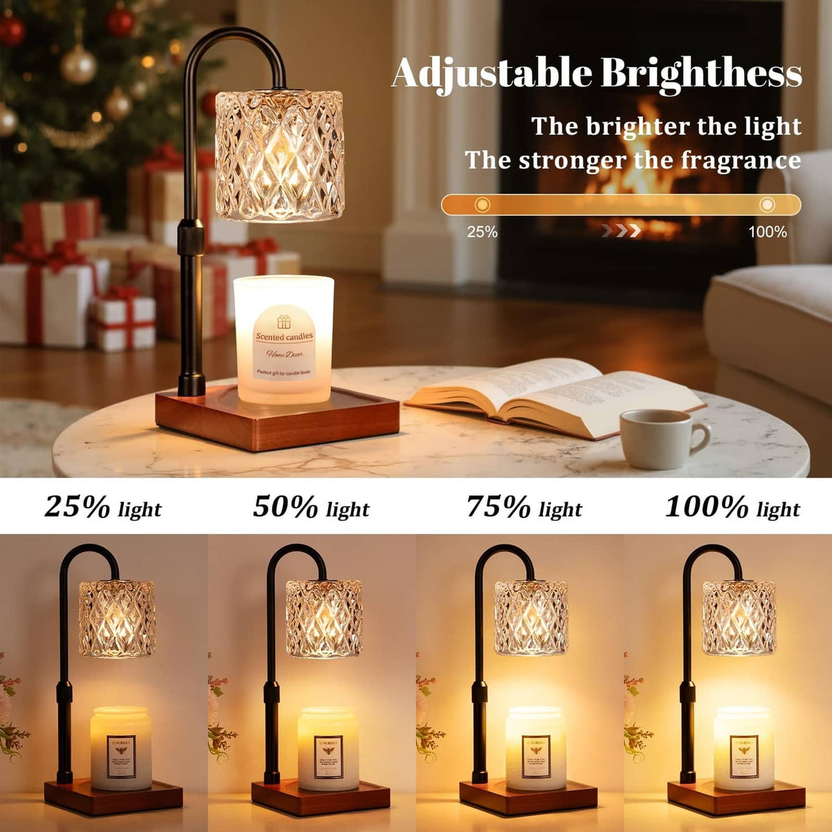 Black candle warmer lamp with faceted glass shade and lit wax candle on wood base