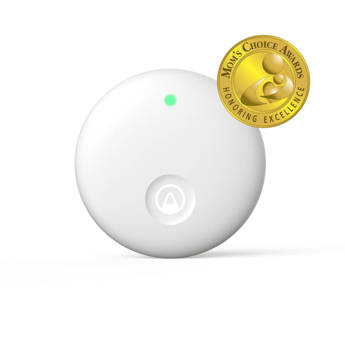 White indoor air quality monitor with green status light and circular indicator