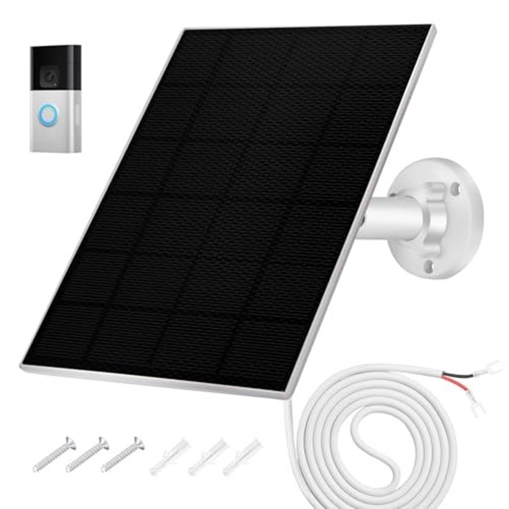Solar panel charger with round wall mount, coiled cable, and mounting screws
