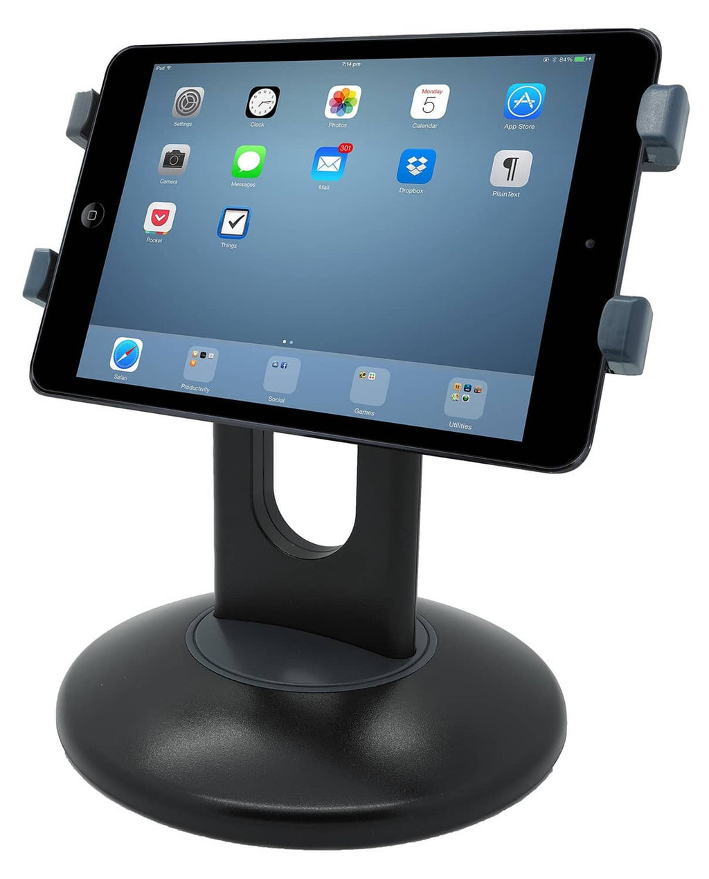 Tablet stand with black base and gray side brackets holding a tablet in landscape