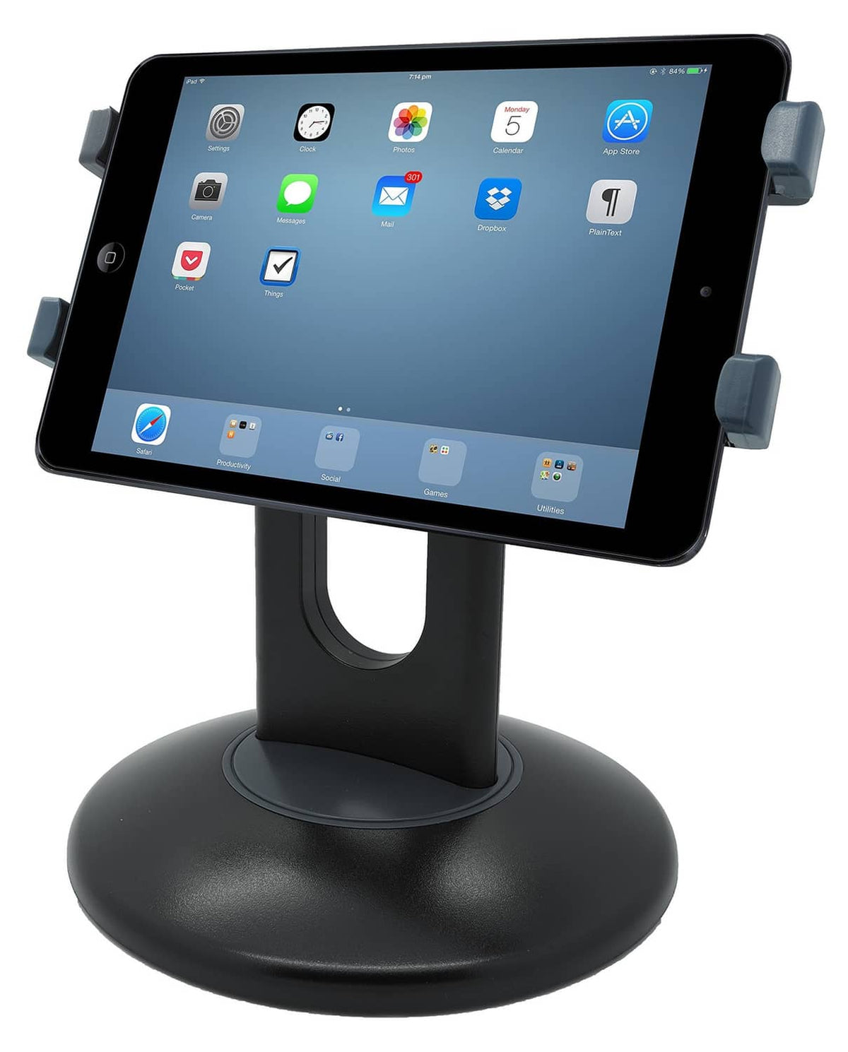 Tablet stand with black base and gray side brackets holding a tablet in landscape