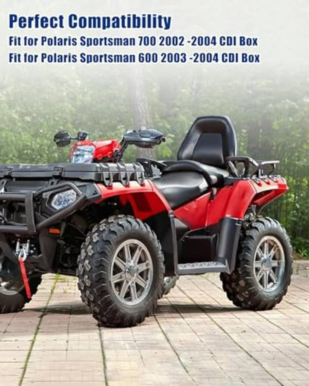 Red Polaris ATV parked on a paved path
