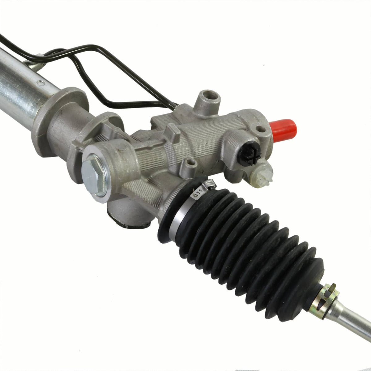 Power steering rack end with gray valve housing, black bellows, and red-capped fitting