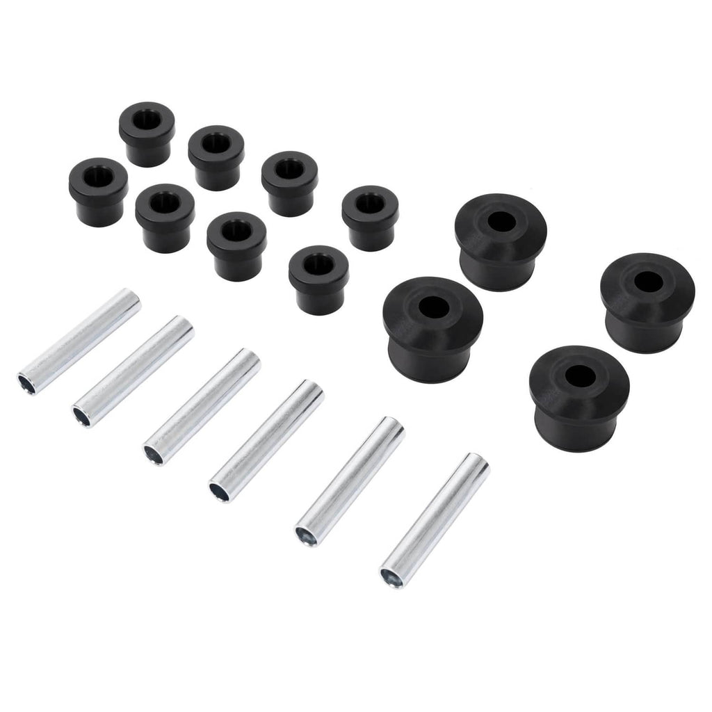 Leaf spring bushing kit parts: black rubber bushings and chrome silver installation sleeves