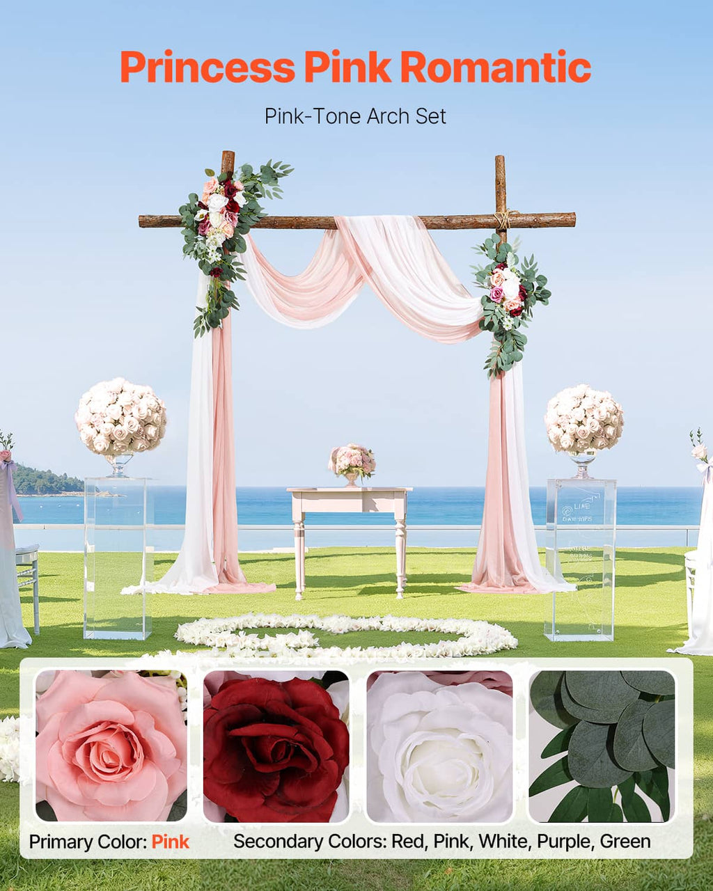 Pink romantic wedding arch set with faux flowers and layered white-pink draping