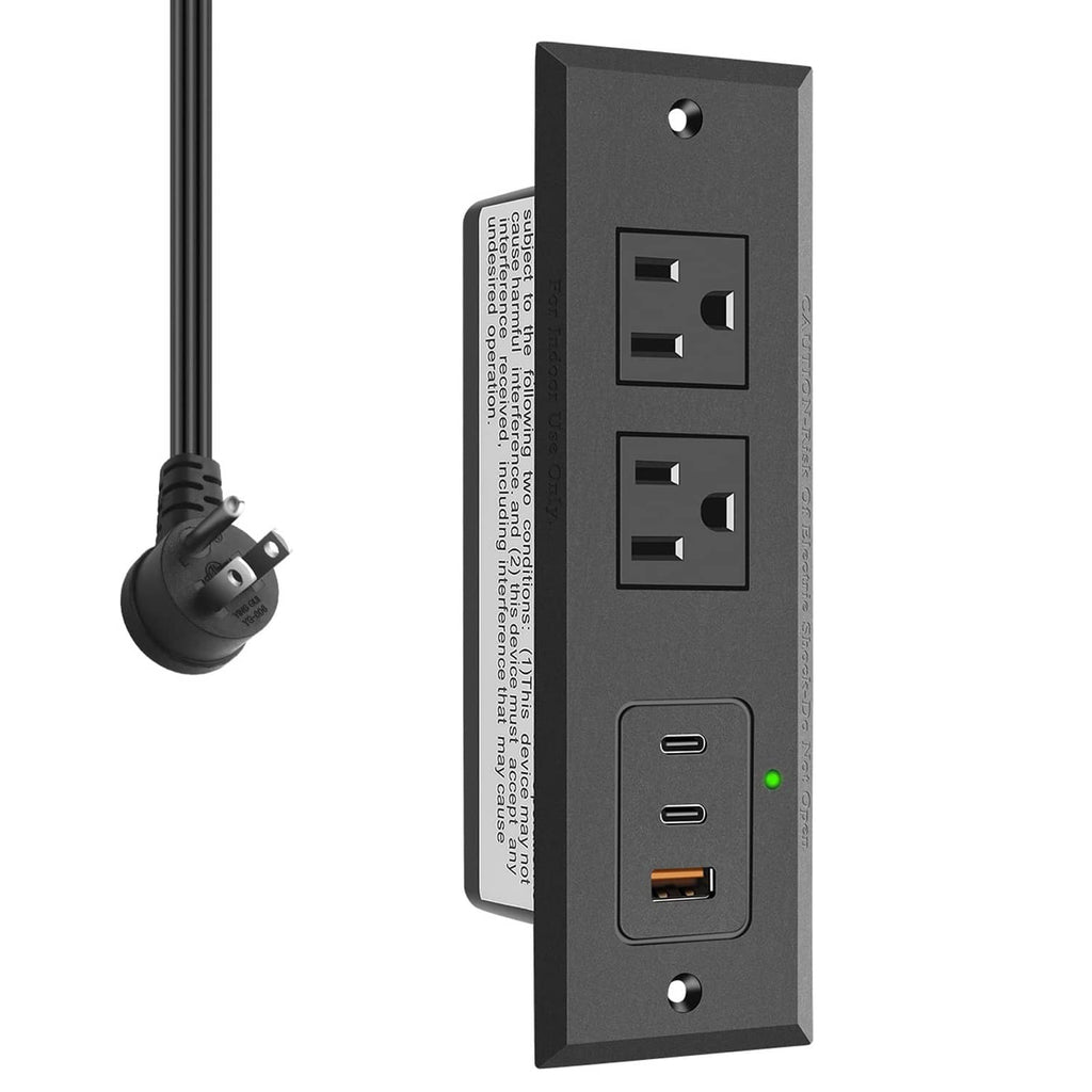 Recessed power strip with two AC outlets and two USB ports, black housing with plug