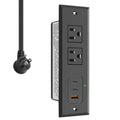 Recessed power strip with two AC outlets and two USB ports, black housing with plug