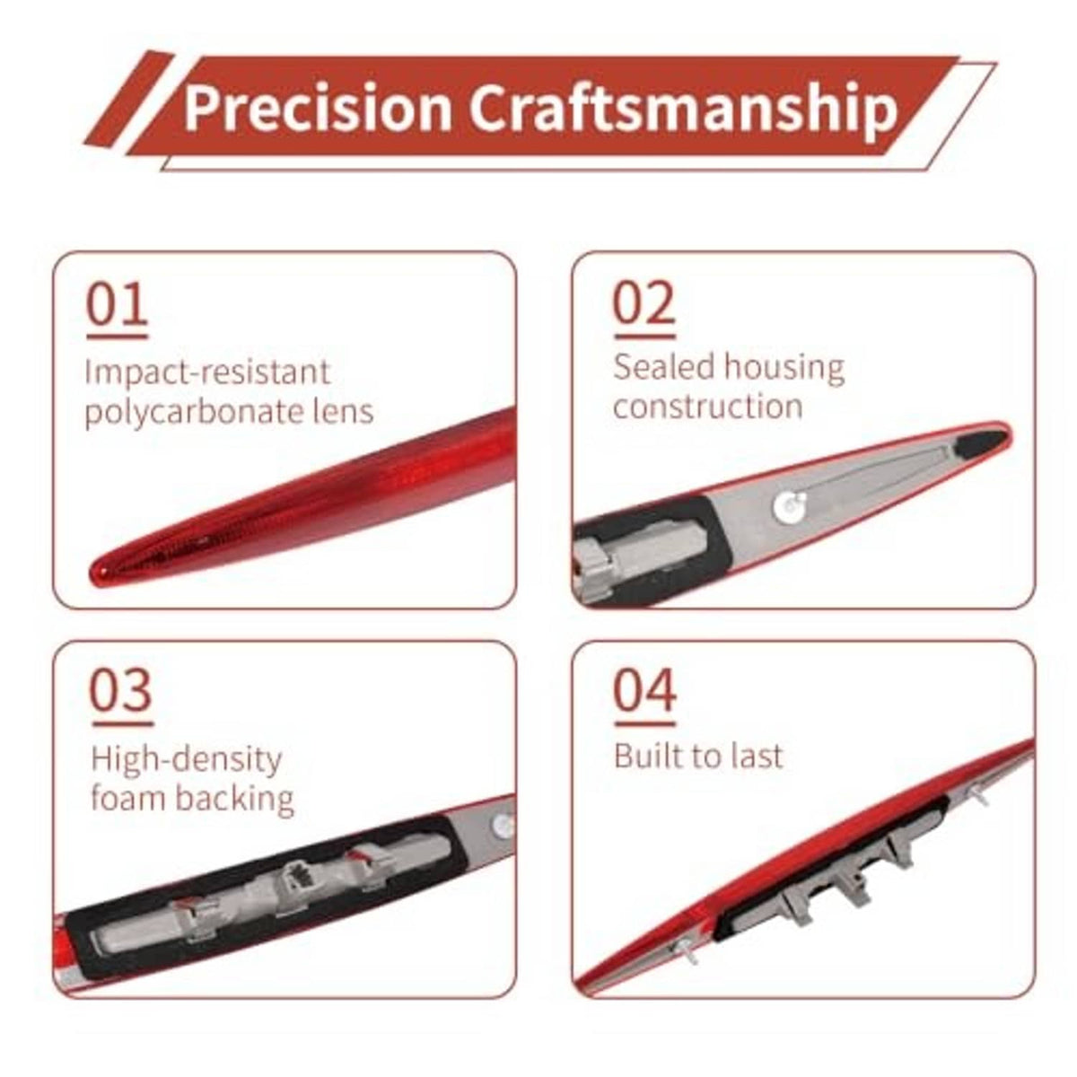 Red LED third brake light with sealed housing and impact-resistant lens.
