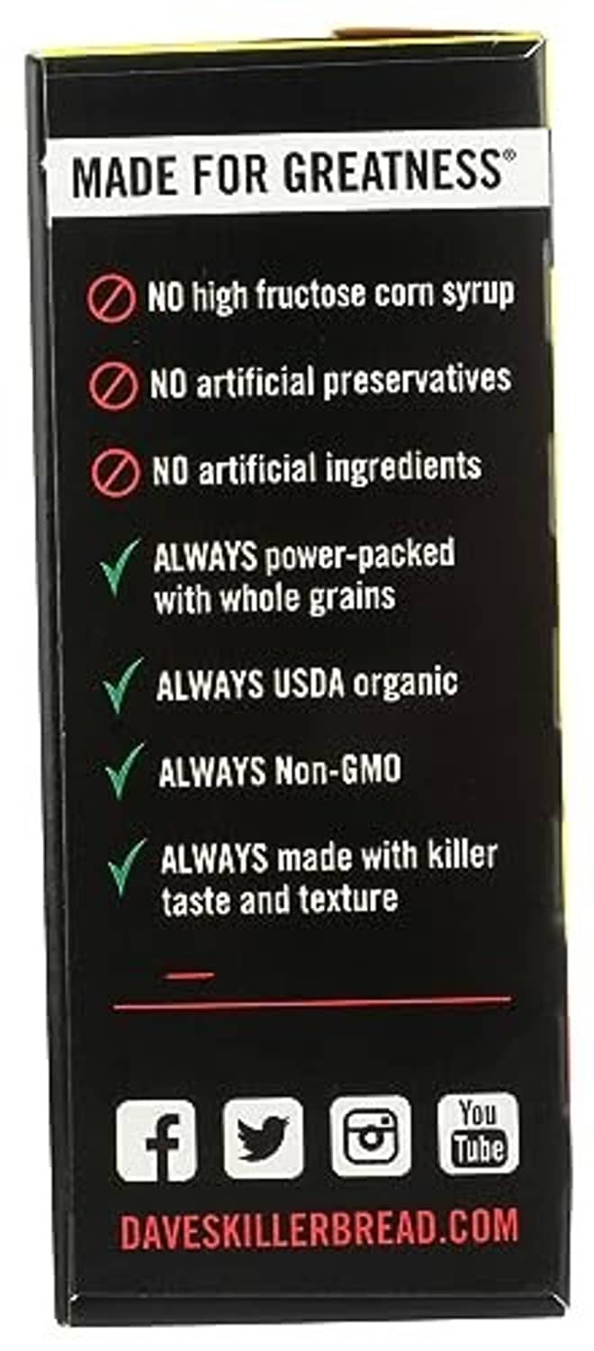 Dave's Killer Bread snack bars box back panel with ingredient and certification icons