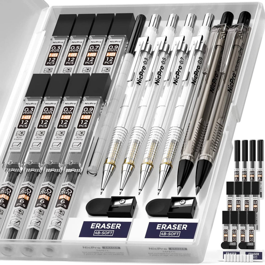 Mechanical drafting pencil set with clear barrel, assorted leads, eraser refills, and storage case