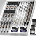 Mechanical drafting pencil set with clear barrel, assorted leads, eraser refills, and storage case
