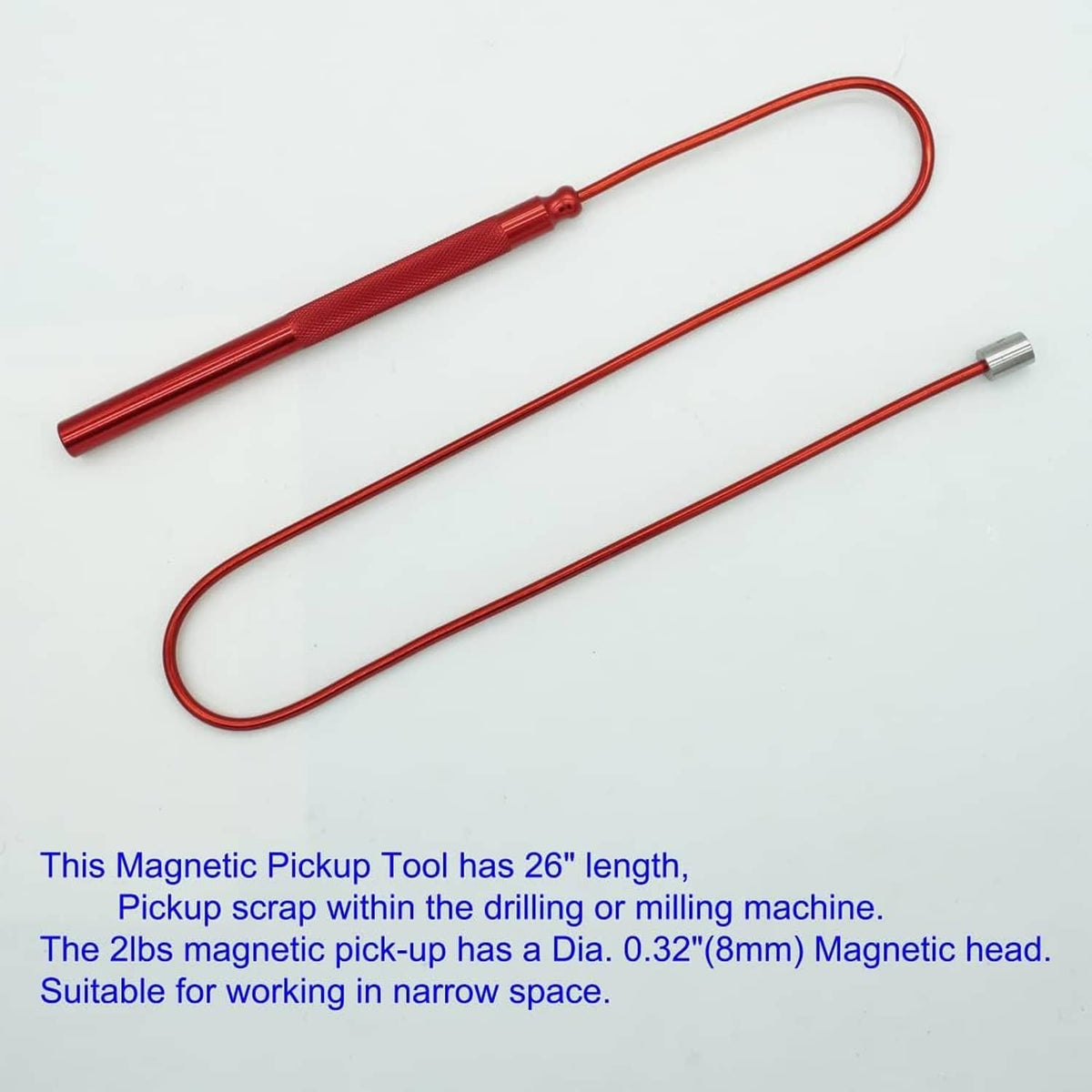 Red bendable magnetic pickup tool with metal tip