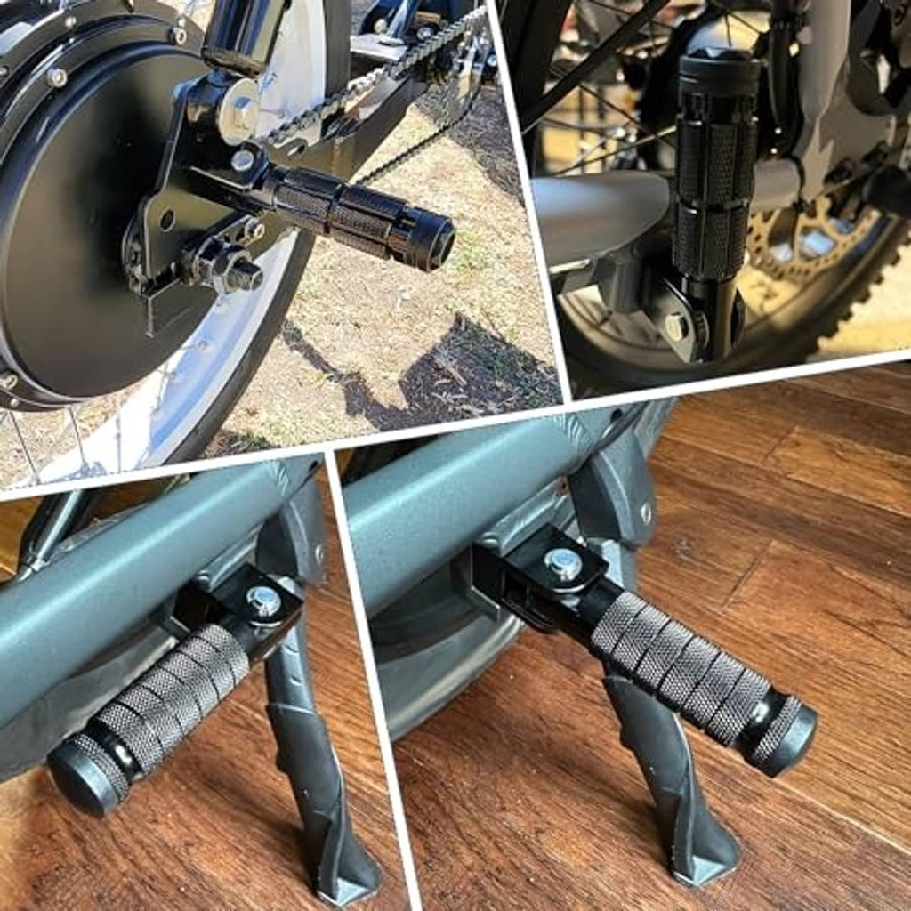 Black textured motorcycle foot pegs shown mounted on a bike and in close-up