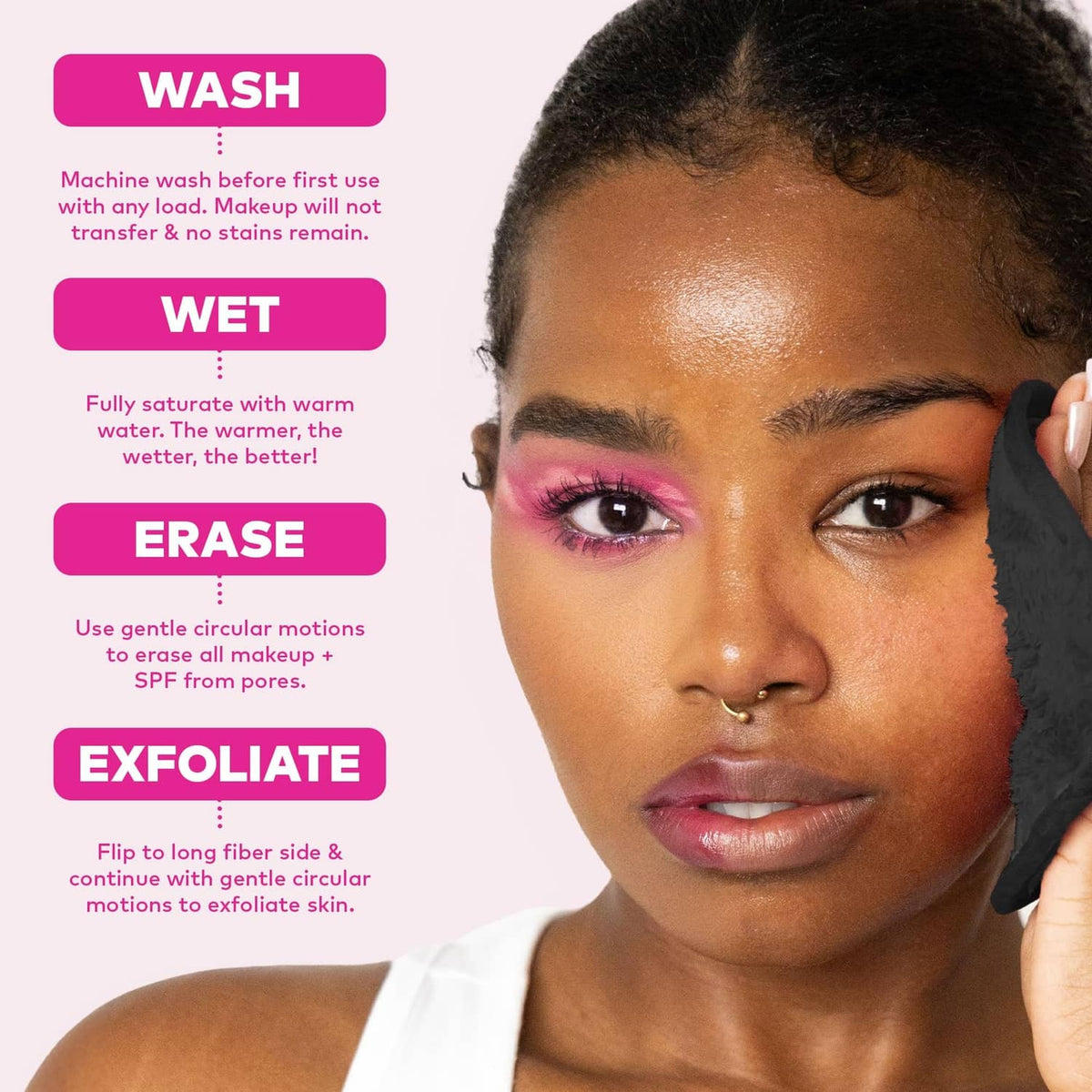 Black MakeUp Eraser cloth with step guide: wash, wet, erase, exfoliate.